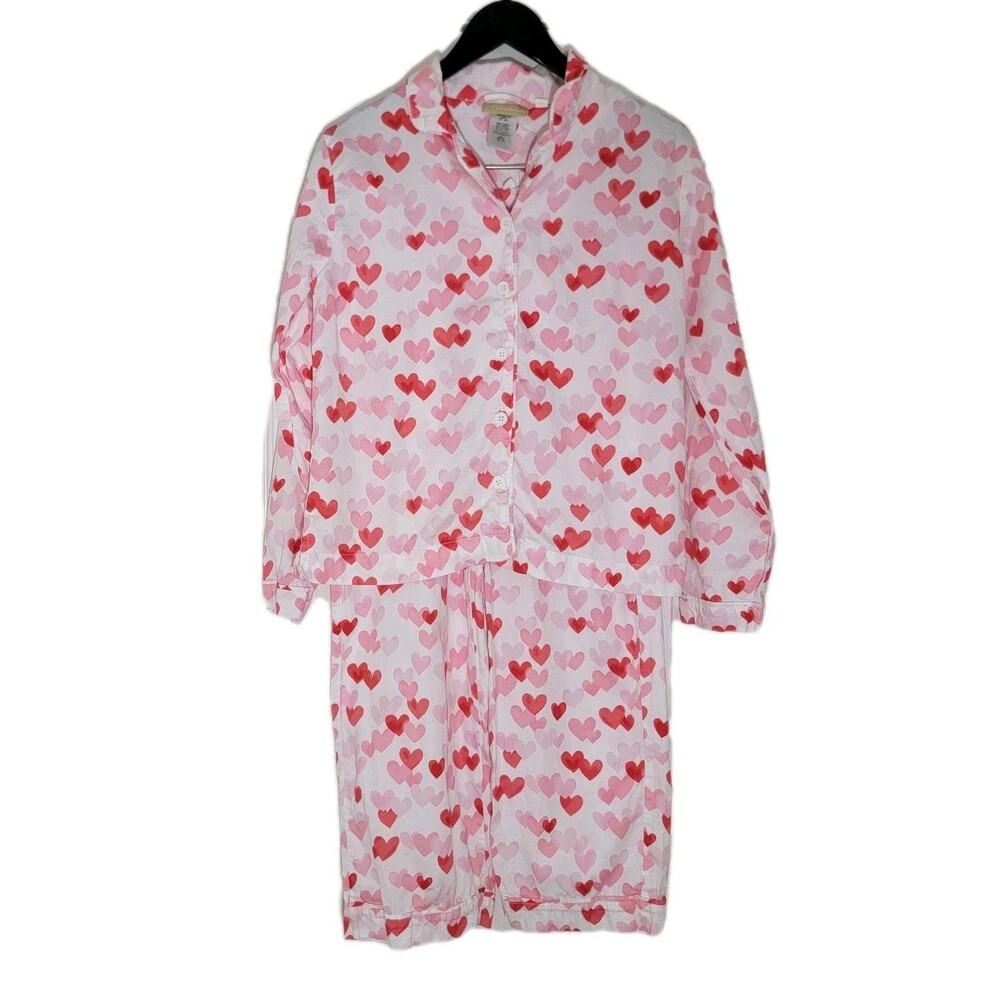 Pottery Barn Teen Pajama‎ Set Size S 2 piece Heart Sateen Cotton Pink Red